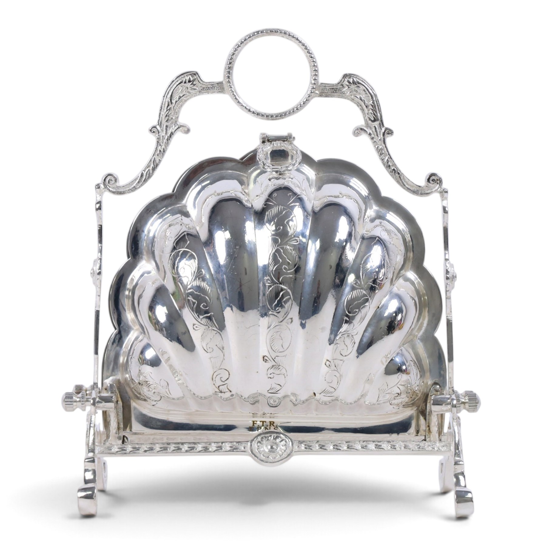 Silver-plated Victorian style biscuit box, in a shell form with engraved leaf detailing, upon scroll feet, H24cm