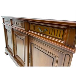 Contemporary cherry wood sideboard, rectangular moulded top over three drawers and three cupboards