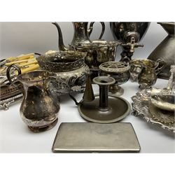 Large quantity of assorted metal ware, largely comprising silver plate, to include teapots and other teawares, bottle holder, bowl, entrée dishes, trays, samovar, various flatware, etc. 