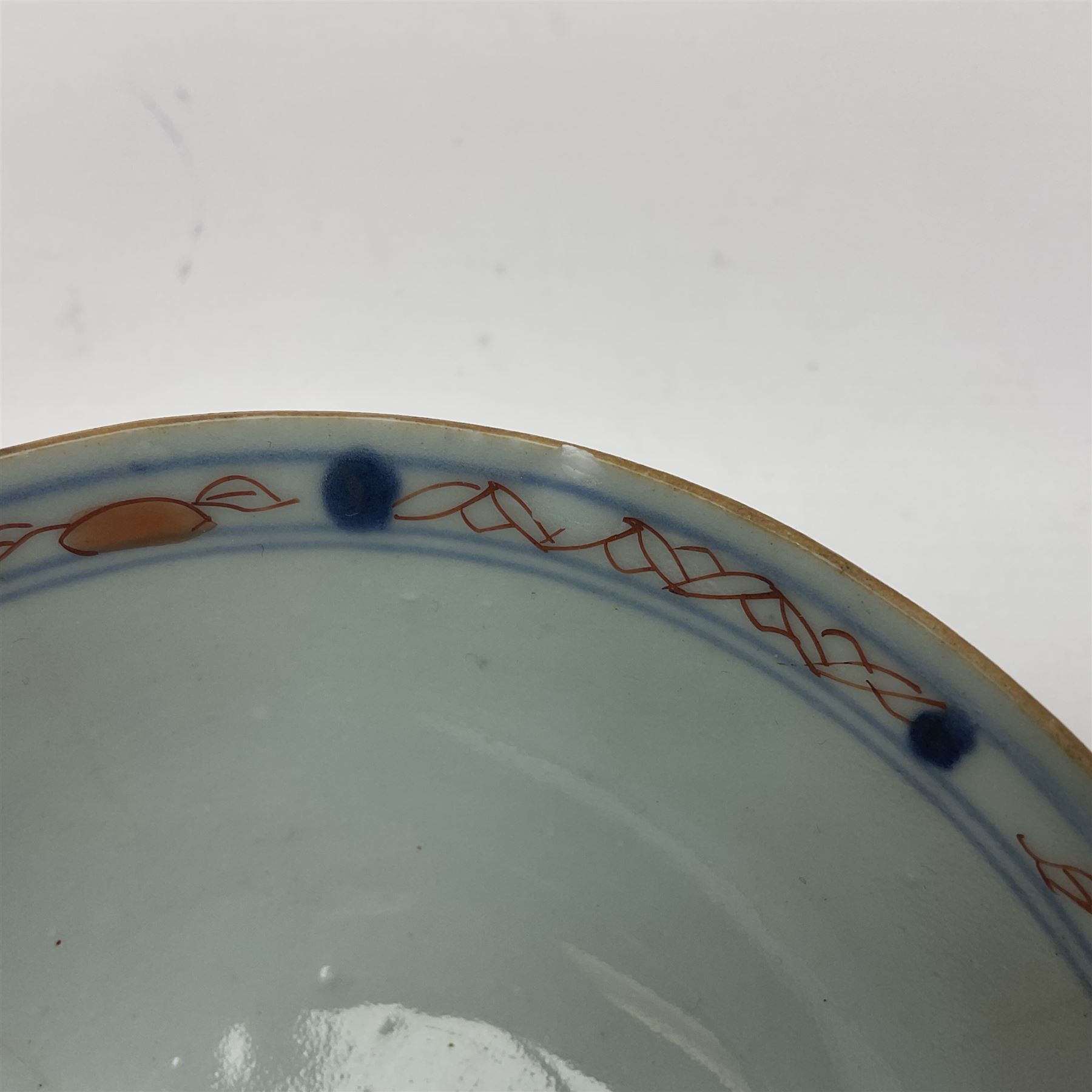Chinese ceramic bowl, painted with floral and foliate decoration on a white ground, together with a similar much smaller Chinese bowl, painted with mountain scene to centre and covered by basket weave to exterior and a white metal mounted pear shaped scent bottle, largest bowl D11cm