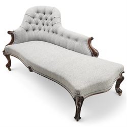 Victorian rosewood framed chaise longue, shaped back upholstered in buttoned herringbone fabric over serpentine fronted seat, scrolled cabriole arm terminals and supports terminating to ceramic castors 