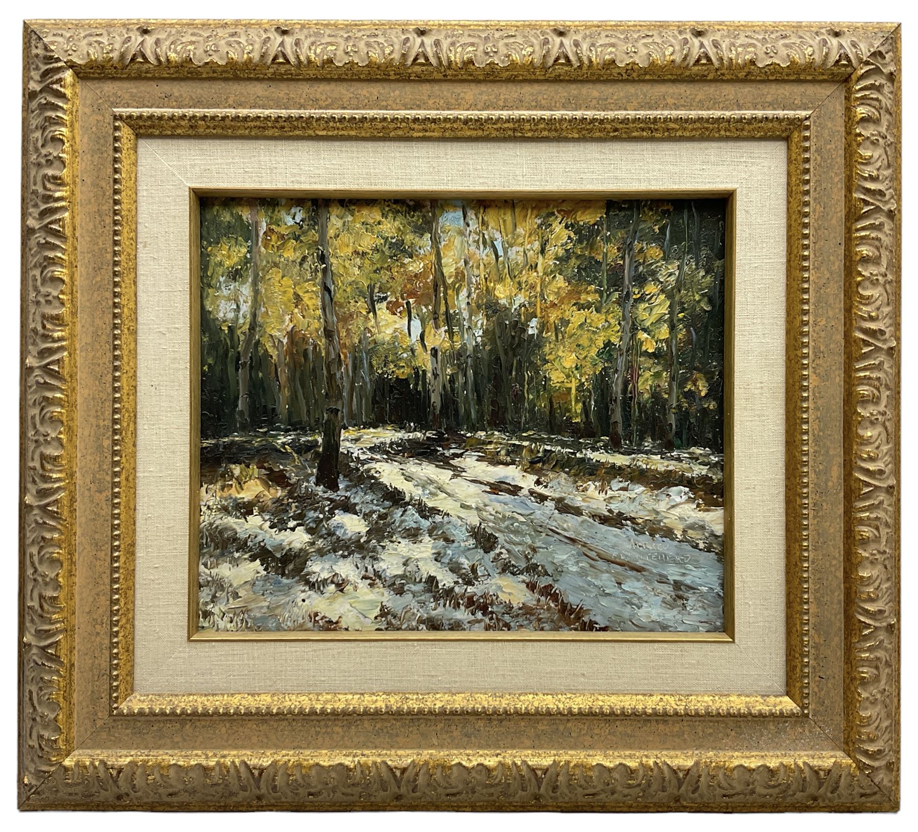 Alfred Whitehead (Canadian 1887-1978): Snowy Forest, oil on board signed 24cm x 29cm