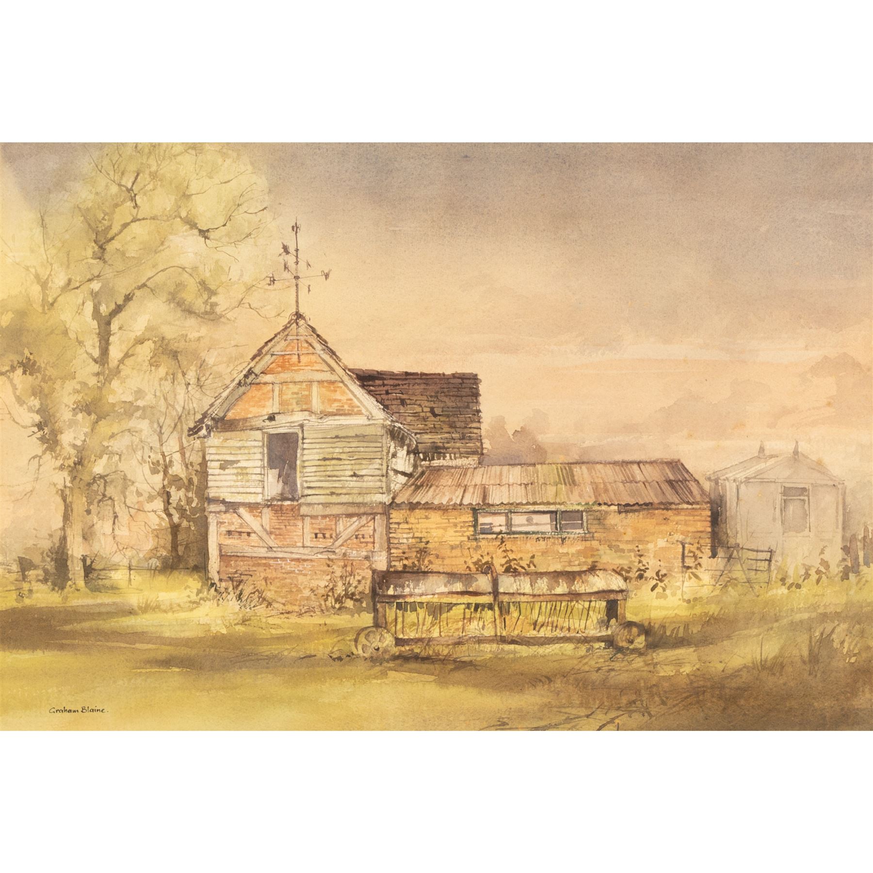 Graham Blaine (British 20th Century): 'Warwickshire Barn', watercolour signed, titled on label verso 24cm x 51cm 