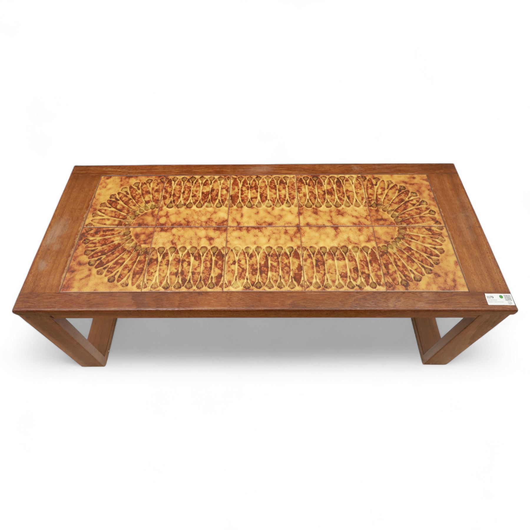 Mid-20th century ‘Long John’ teak nest of coffee tables, rectangular form with ceramic tile inset top, enclosing two smaller square tables with matching tile decoration
