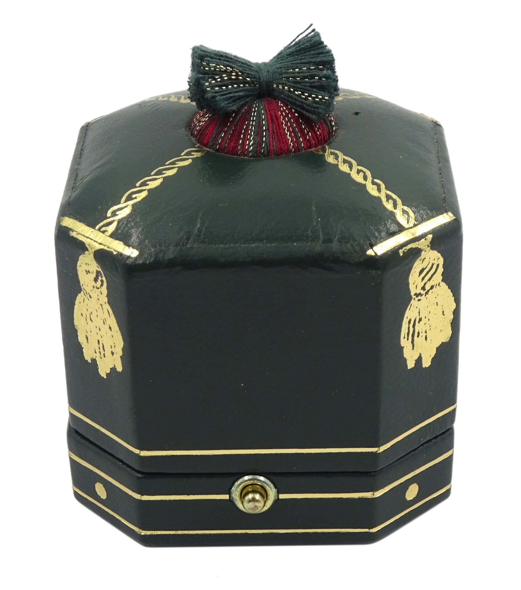 Elizabeth Gage 18ct gold tourmaline and diamond tapered Templar ring, the carved oval pink tourmaline cabochon with a round brilliant cut diamond set either side, the band featuring green guilloche enamel and the edges finished with wire-twist-wire decoration, London 1994, in original box