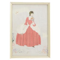 Four silkwork embroidery portraits, including two Dutch women, man smoking a pipe and a woman in period dress, all framed