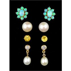 Pair of gold pearl and cubic zirconia pendant stud earrings, one other pair of gold pearl stud earrings, pair of gold citrine stud earrings, all 9ct and a pair of silver-gilt opal cluster stud earrings, all tested or stamped 