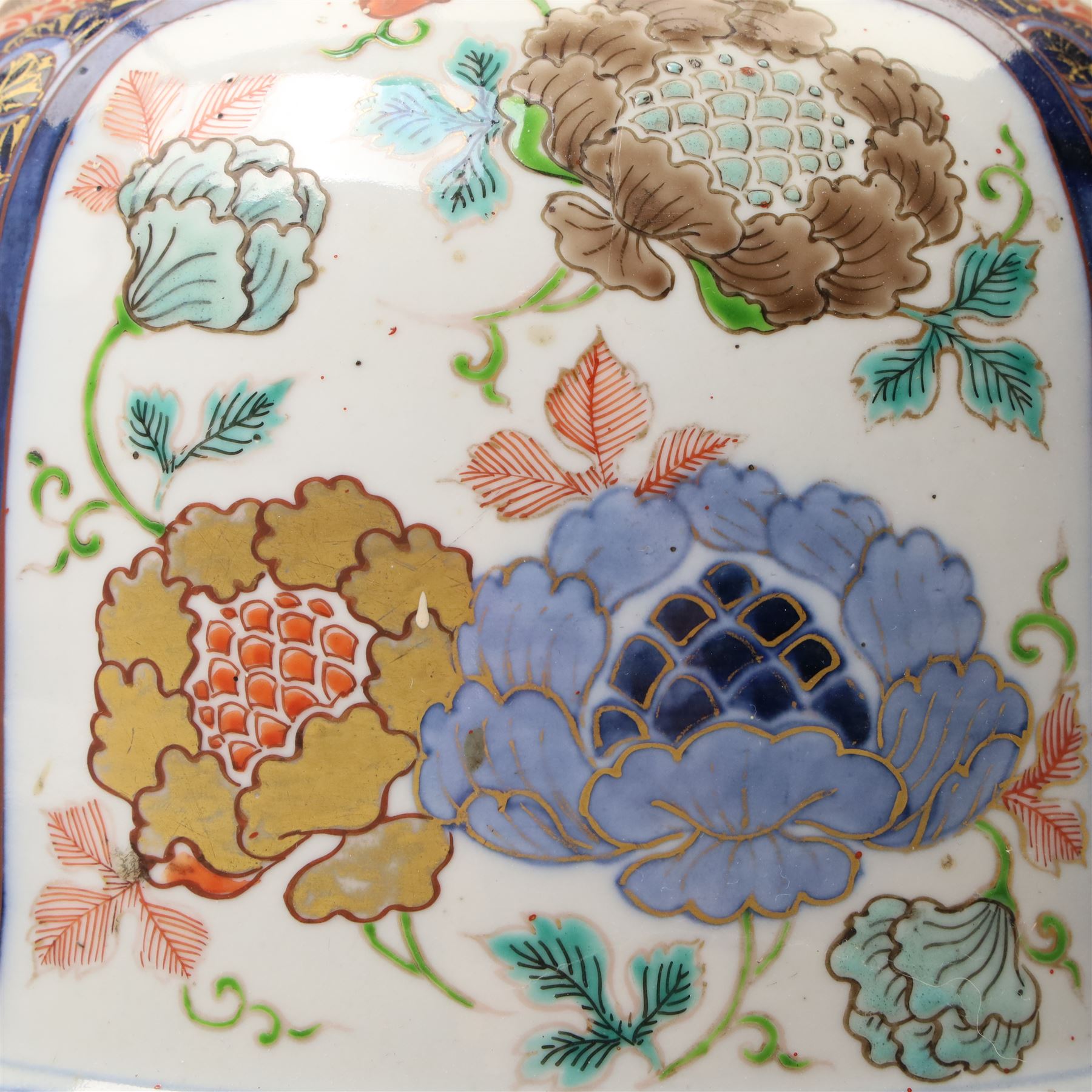 Japanese large Imari vase cover decorated with panels of flowers in orange, blue and gilt D33cm