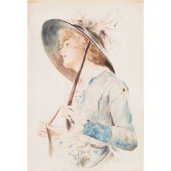F Johnson (British 19th/20th Century): Portrait of a Lady and her Hat, watercolour signed ...