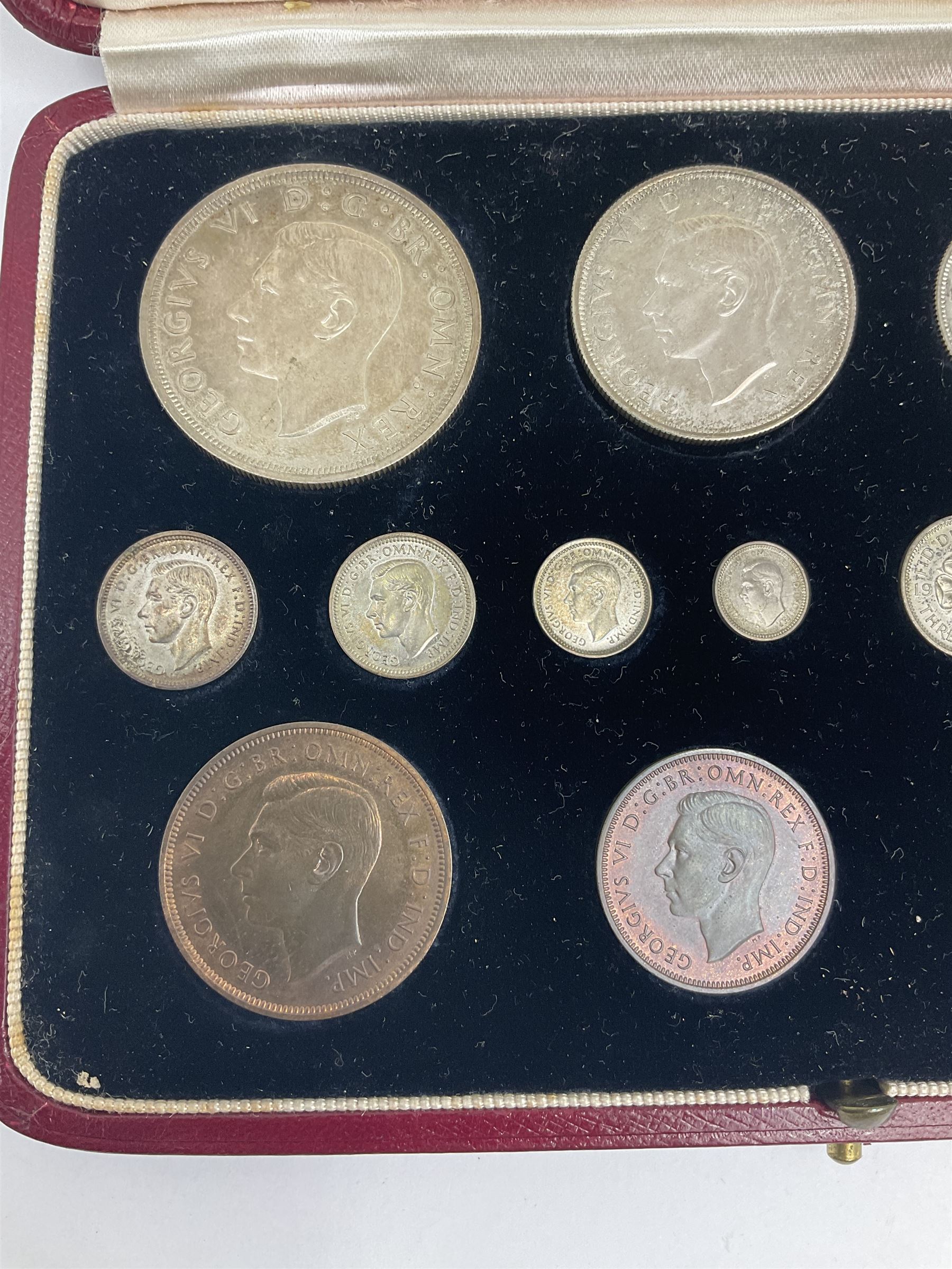 King George VI 1937 fifteen coin specimen set, housed in the official The Royal Mint maroon and gilt case