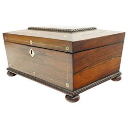 Victorian rosewood sewing box inlaid with mother of pearl, the interior with lift out tray, gadrooned border and compressed bun feet 30cm x 20cm 