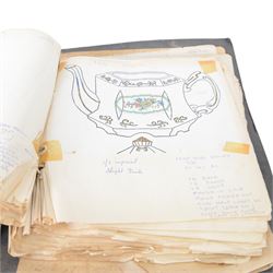 Wood & Sons Ltd Burslem pattern book, late 20th century, designs in colour and black and white, all mounted onto square leaves, leaves annotated with decorating notes, some cancellations noted boldly over the design, collected as one in a ring binder, factory labels to upper-cover, folio 44.5 x 36cm