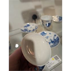 Pair of Chinese blue and white tea bowls, one with cover and four saucers, depicting two figures on a boat at sea, tea bowl H7cm