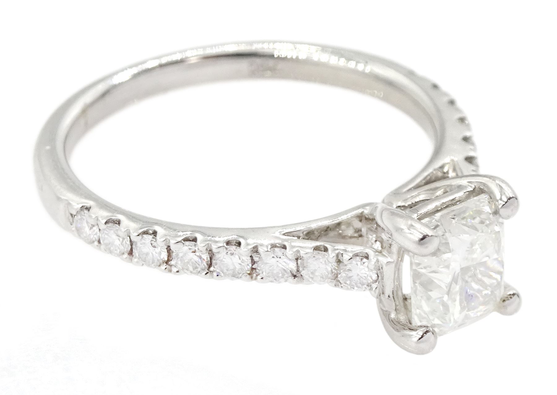 18ct white gold single stone cushion cut diamond ring, with diamond set shoulders, hallmarked, principal diamond 1.01 carat, with International Gemological Institute Report