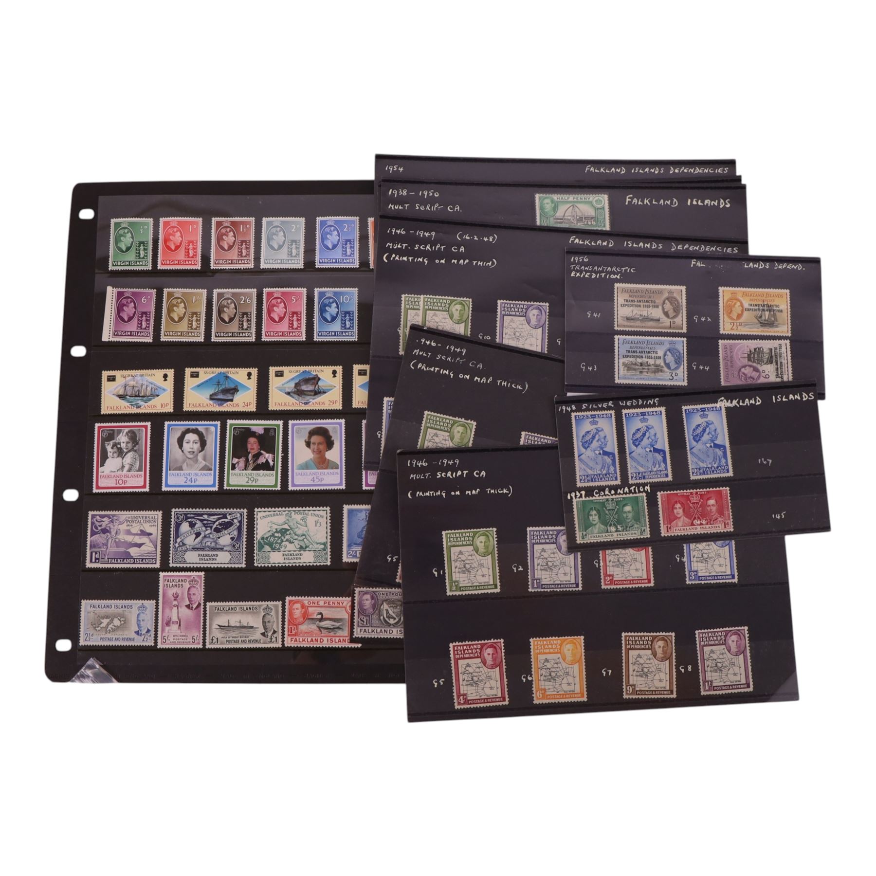 King George VI and Queen Elizabeth II Falkland Islands and Falkland Islands Dependencies stamps, including two King George VI 1946-1949 'thick map' sets of eight, apparently hinged and unhinged, corresponding 'thin map' set of seven, etc, housed on stock cards