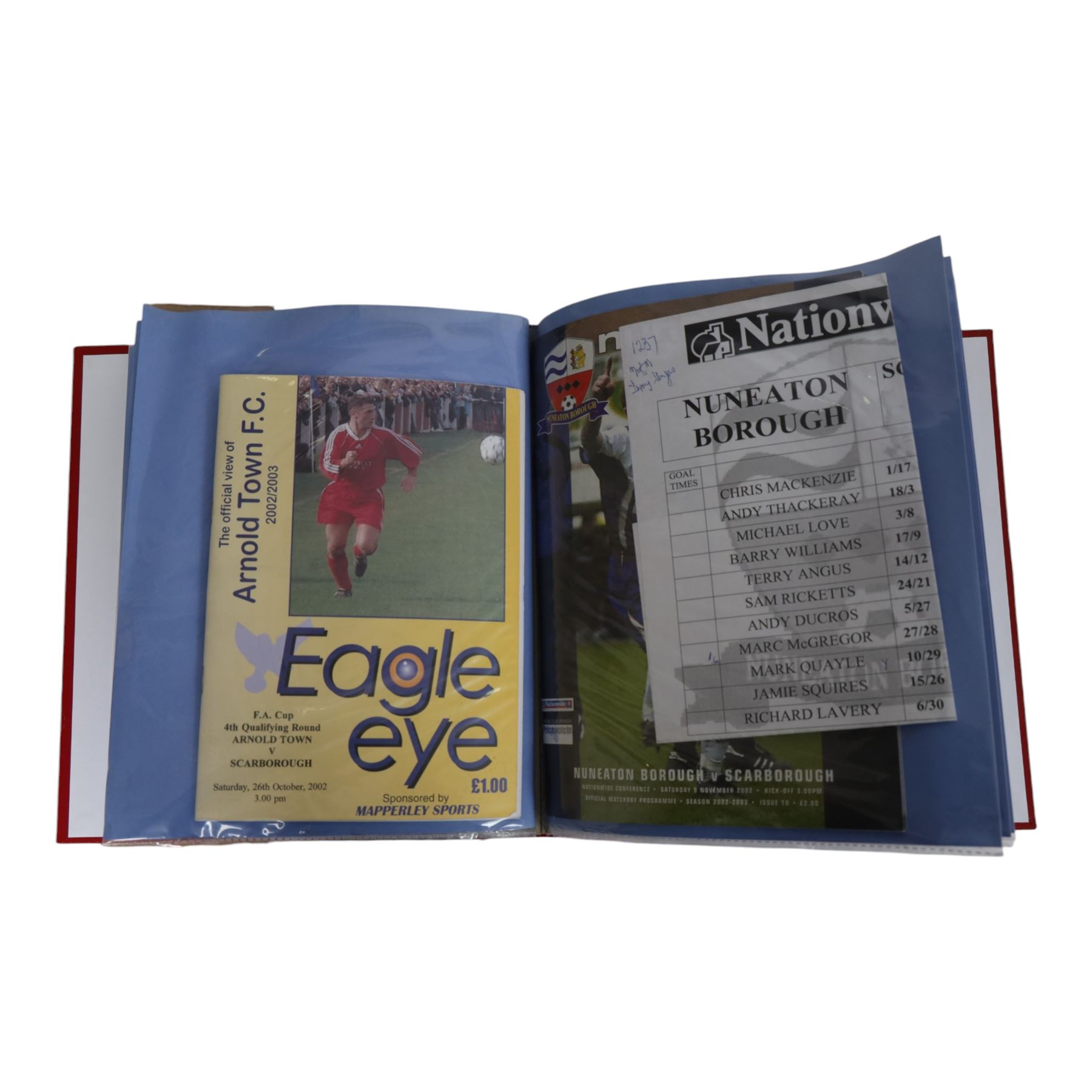 Comprehensive collection of approximately two hundred and twenty Scarborough FC football programmes for the 1999/00, 2000/01, 2001/02 and 2002/03 seasons, all filed within eight dedicated Scarborough FC red Home and Away binders