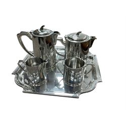Collection of metalware and silver plate, including a tea set with tray, bedpan and other items