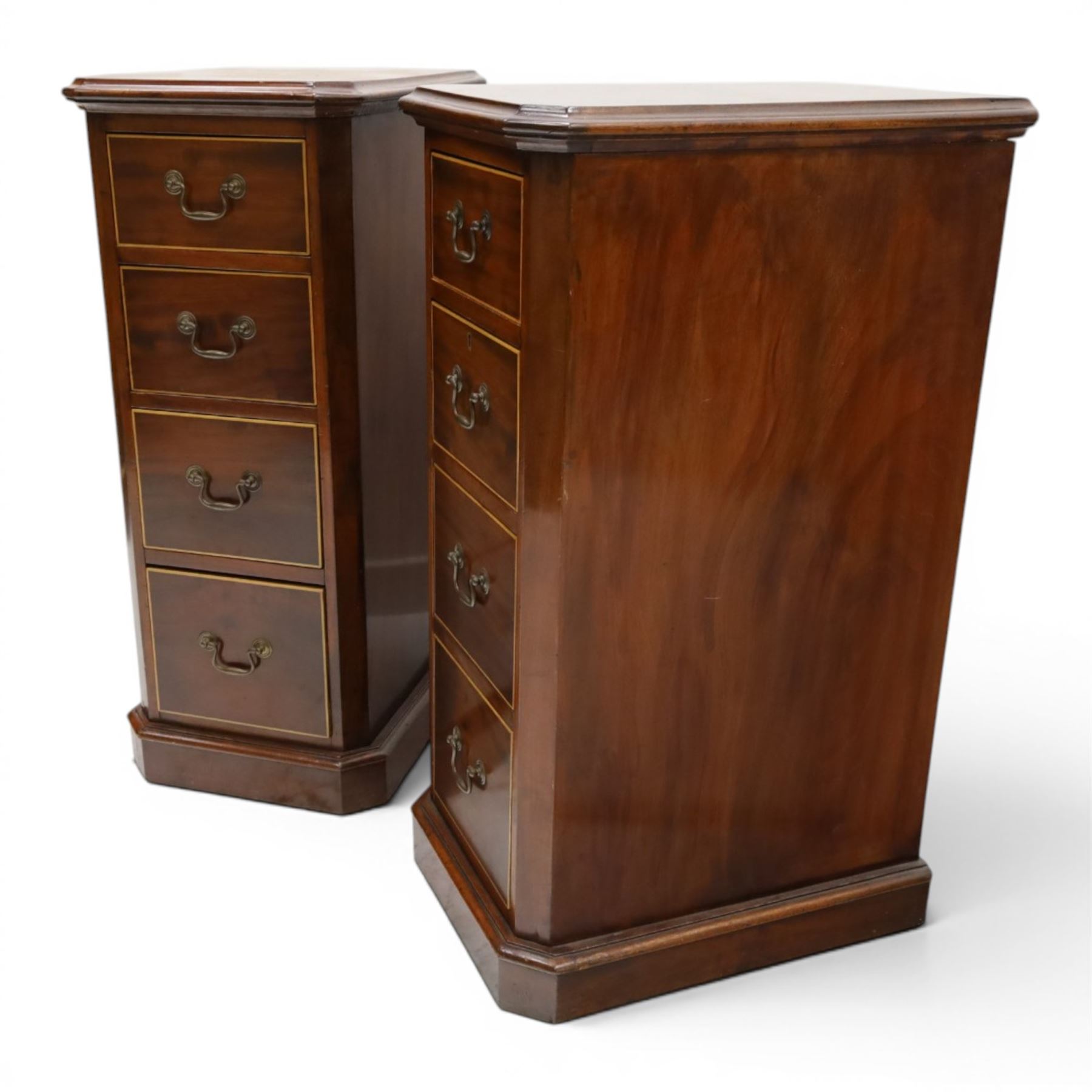 Pair of Edwardian mahogany pedestal chests, of moulded rectangular form, above four graduated drawers, brass swan neck handles, moulded plinth base