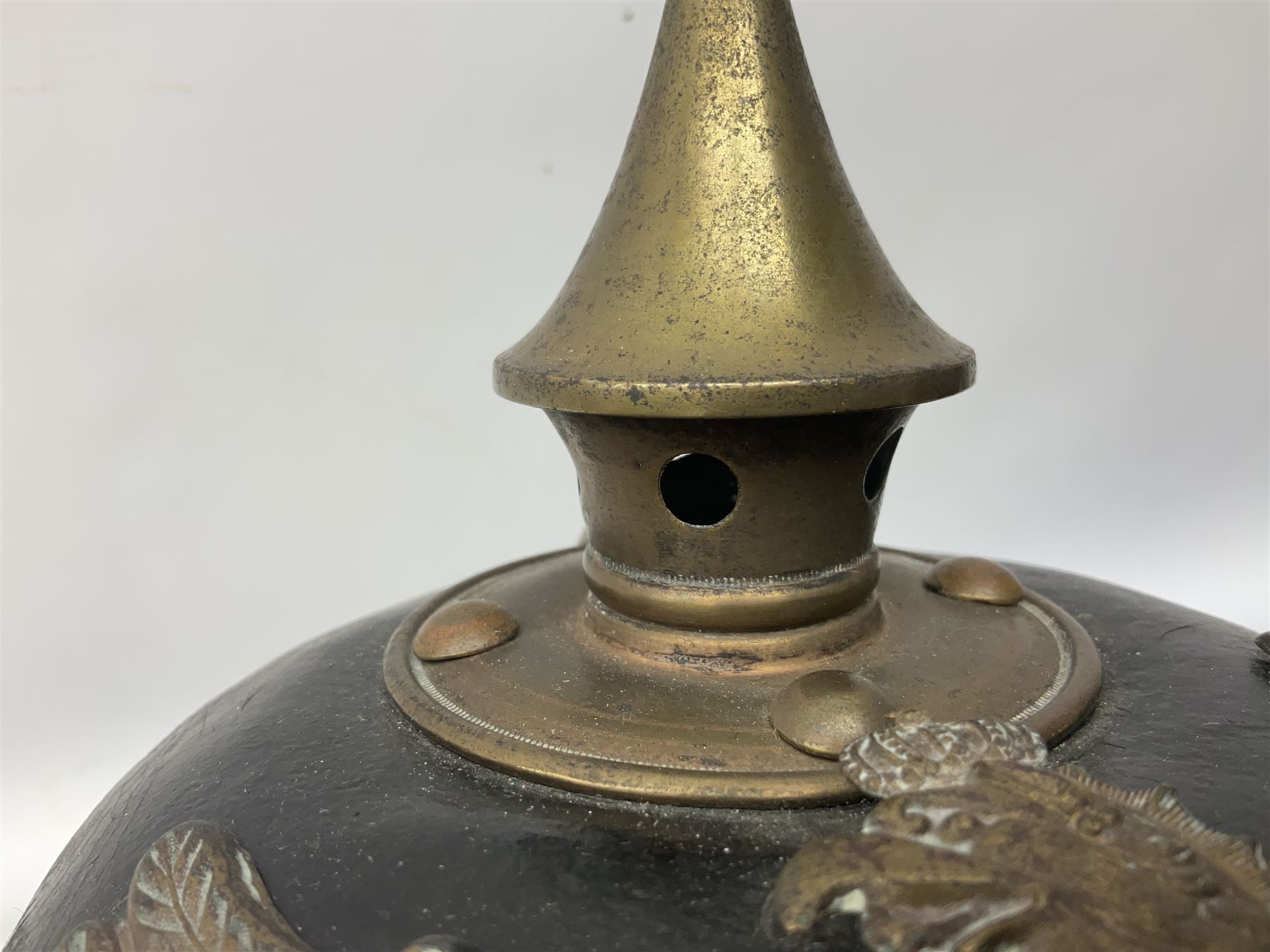 WW1 German leather Pickelhaube helmet with brass plate for Baden regiment, leather strap and leather part only of liner