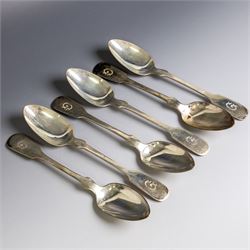 Set of six German silver Fiddle pattern table spoons with engraved initials to terminal, 8...