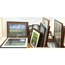  Thirty sporting prints including comical golf and cricket, limited edition photo print 'Golf Greats, Colin Montgomerie' number 189/250 etc, mostly framed  