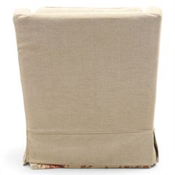 Wesley Barrel - two seater sofa and matching armchair,with scrolled arms and loose cushions, beige chenille fabric, raised on castors  (Armchair: H 100cm, D 100cm, W 87cm)