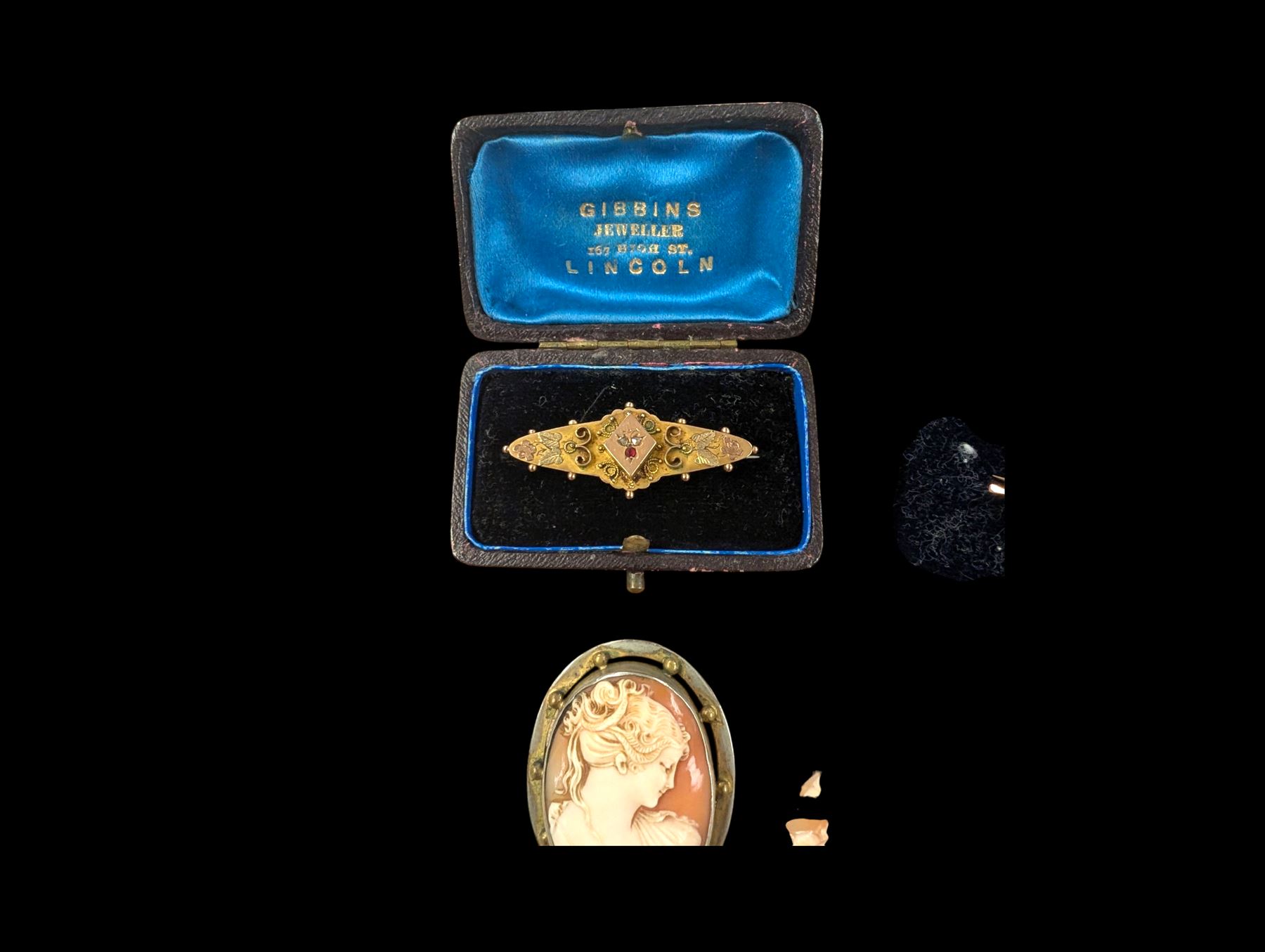 Collection of 9ct gold jewellery, including cameo brooches and ring and silver blue john brooch, silver necklace, etc