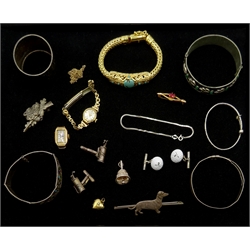  Collection of jewellery to sort including two hallmarked 9ct gold watches with plated bracelet, silver, 9ct gold chain necklace, stone set bar brooch, pair silver golf club cufflinks, dachshund brooch etc   