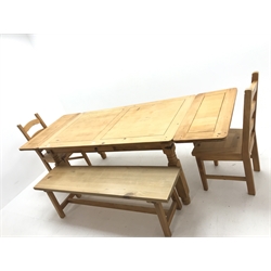 Pine dining table, two additional leaves, turned supports (W250cm, H77cm, D90cm) single bench and pair ladder back chairs (W46cm)