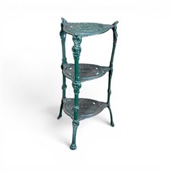 Ornate cast iron three tier garden plant or pan stand, green painted finish
