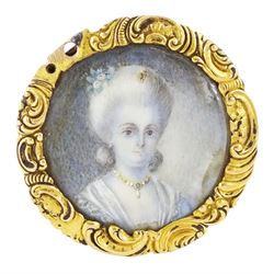 19th century gold portrait ring, set with a circular miniature of a young woman in 18th ce...