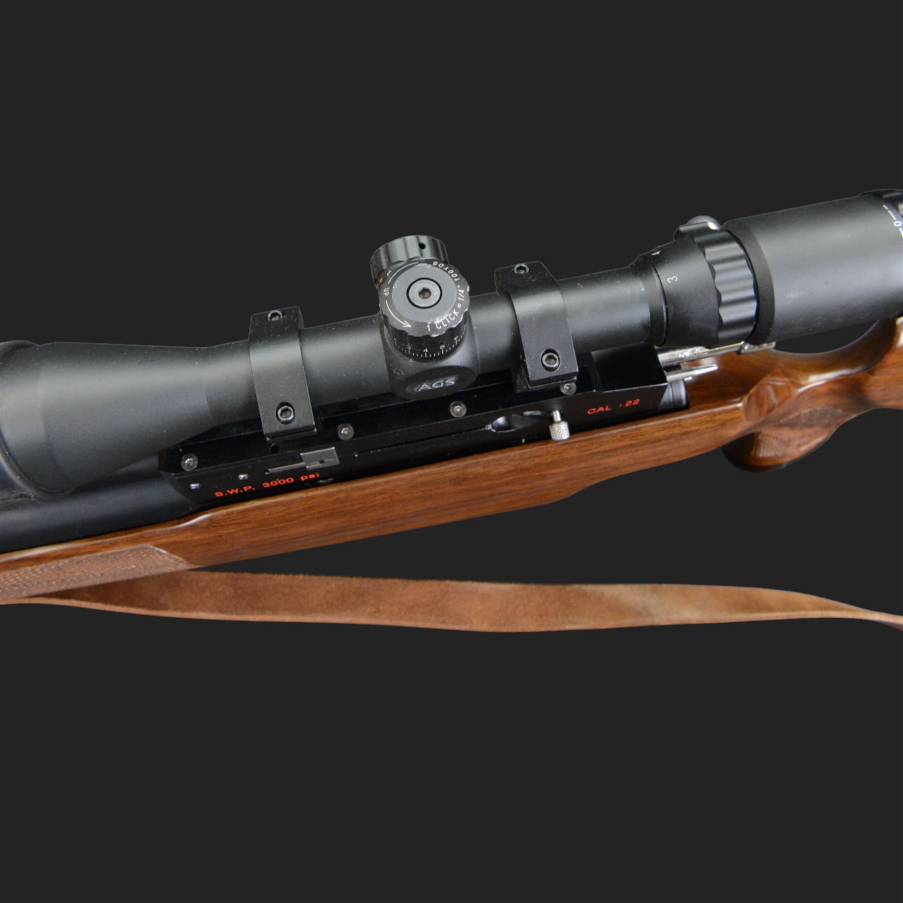 Logun MK2 22 Cal. air rifle, serial no 25885, with ASG fitted sight, bi-pod stand and fitted moderator  