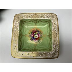 Royal Worcester dish painted by William Hale, of square form painted with floral bouquet to centre with green and gilt surround, together with a Bodalo Pinheiro leaf design serving dish