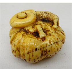  Japanese Meiji ivory Netsuke carved as a Snail on a Pumpkin, D3.5cm Provenance: private collection   