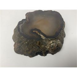 Three polished agate geode stone dish, with raw edges, largest L10cm