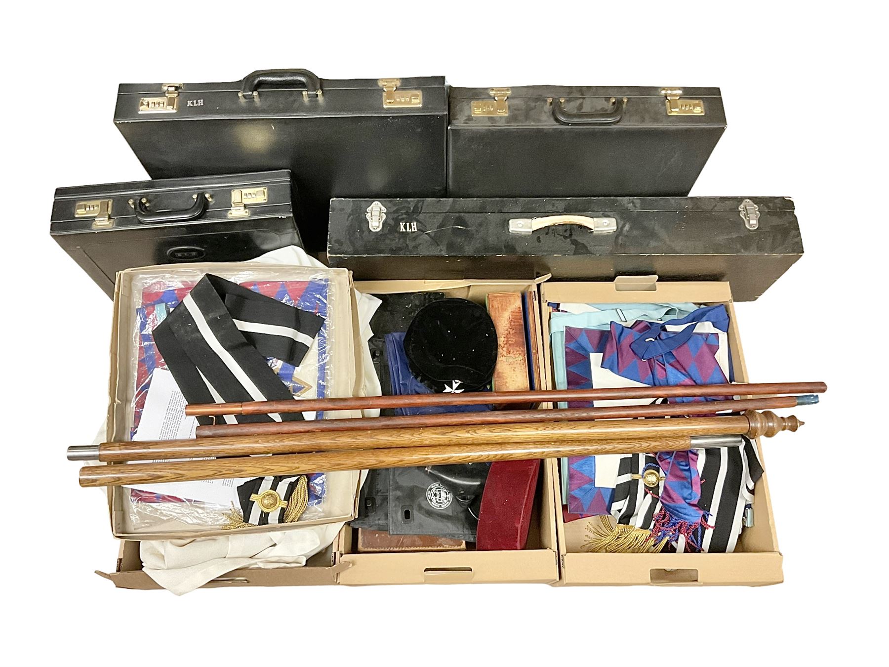 Masonic regalia, including sword, kid leather gloves and apron, Order of Holy Wisdom high priest mitre, etc, contained within briefcases and boxes 