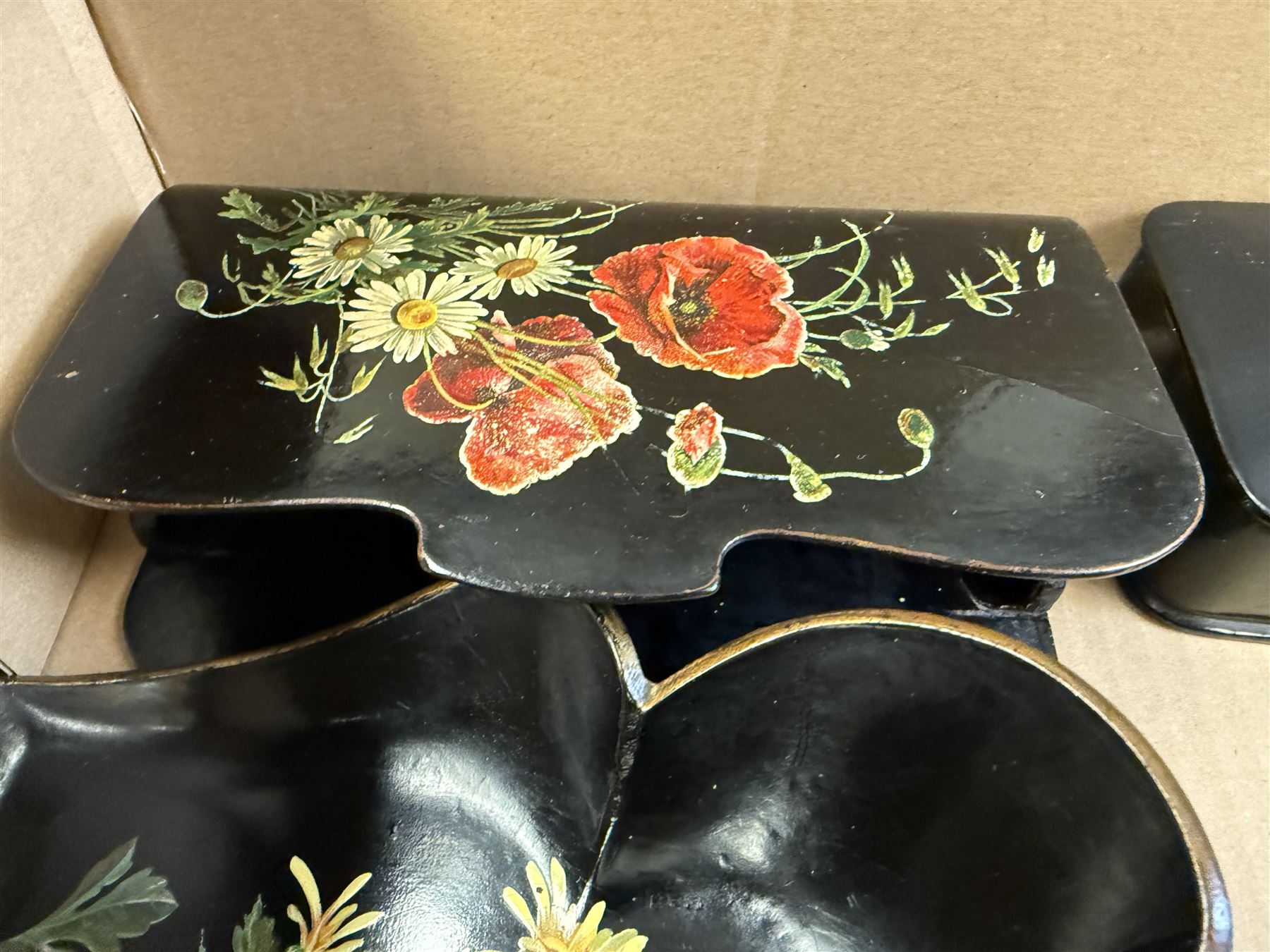 Papier mache boxes, including glove box, jewellery box and two square boxes and a crumb tray