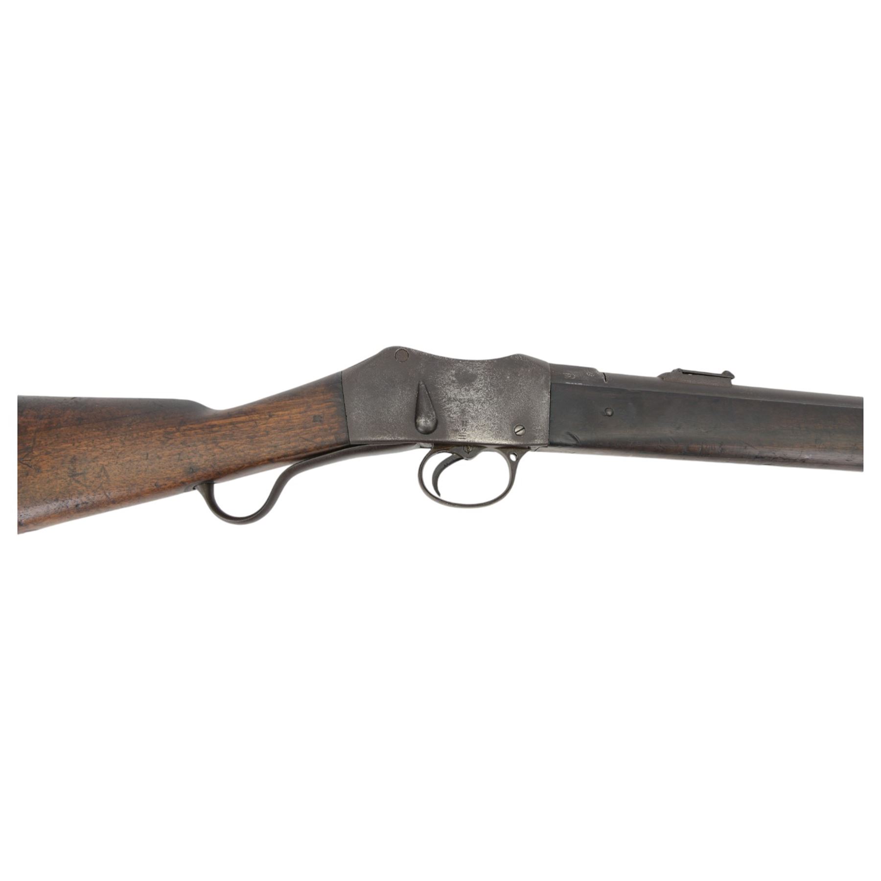 Martini-Henry MKII/2 Carbine, the 52cm round barrel with various inspectors marks,   fitted with ladder sight, with various inspector's marks, the action marked Enfield, the walnut full stock with two steel barrel bands, the butt inset with brass roundel stamped' 12 1893 V 1 GR. A 6', and with Sold Out of Service arrows to the butt, action and barrel, steel cleaning rod beneath, overall 96cm
Sold as an exempt item under Section 58 (2) of the 1968 Firearms Act, to be held as a curiosity or ornament


