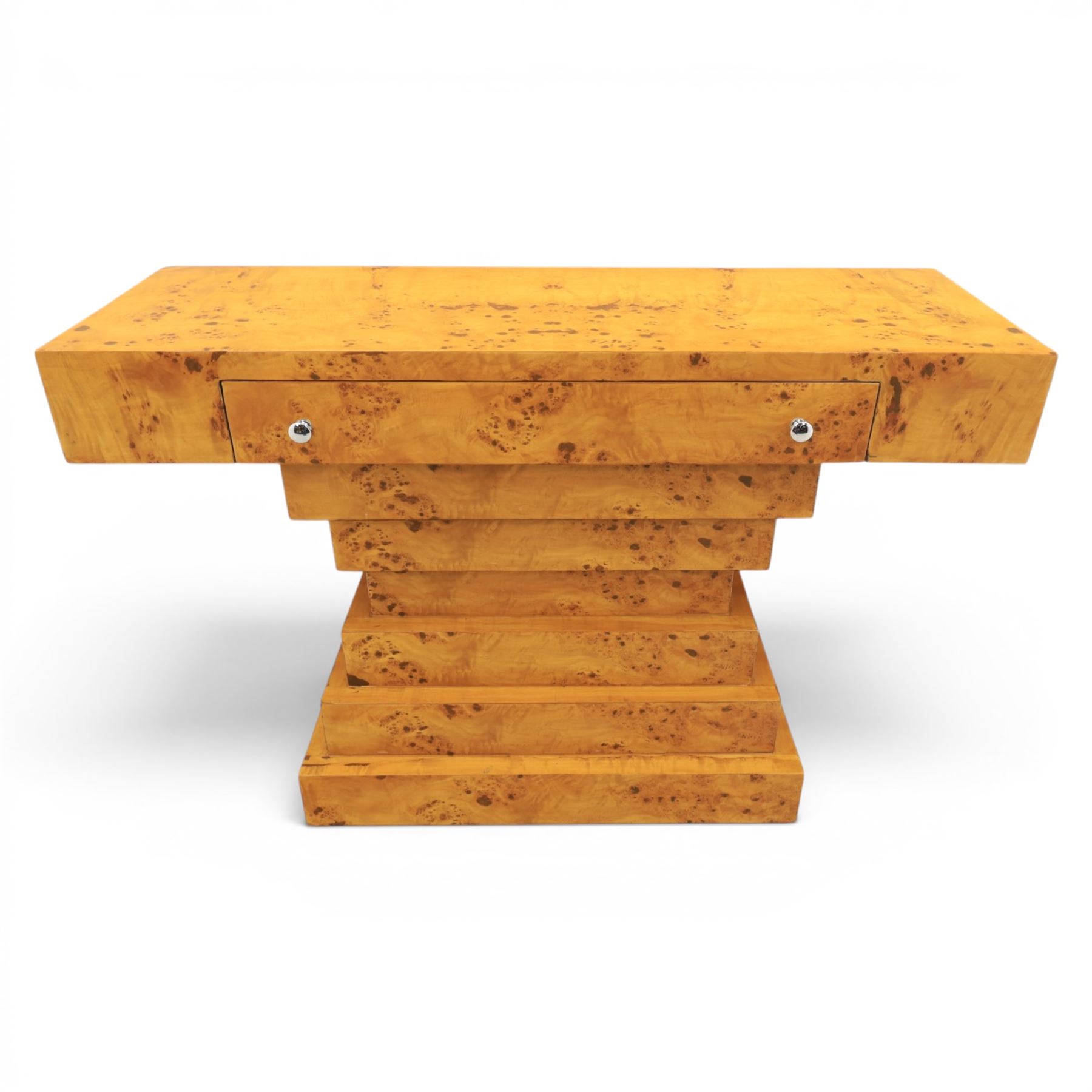 Art Deco style burr walnut console table, rectangular top fitted with a single frieze drawer with chrome pull handles, on stepped pedestal support and plinth base