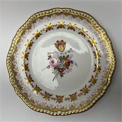 Six early 19th century Spode Felspar Porcelain dessert plates, hand painted with floral sprays to the centre contained within stylised gilt borders, with printed marks verso and painted iron red number 4033, the gilt borders, D22cm