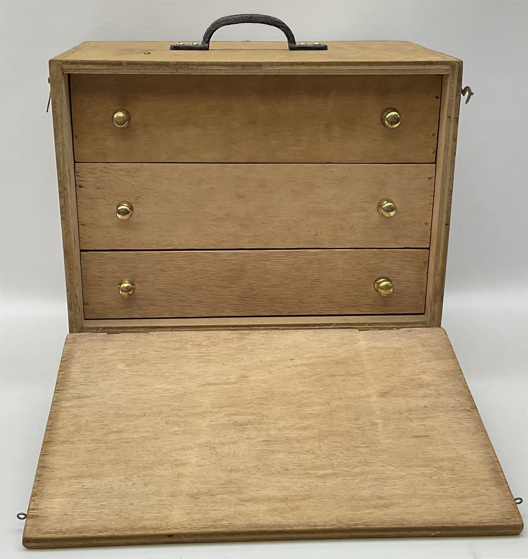 Three drawer collectors cabinet with fall front containing various Great British and World coins including GB pre-decimal coins, King George III 1806 penny, cartwheel pennies etc