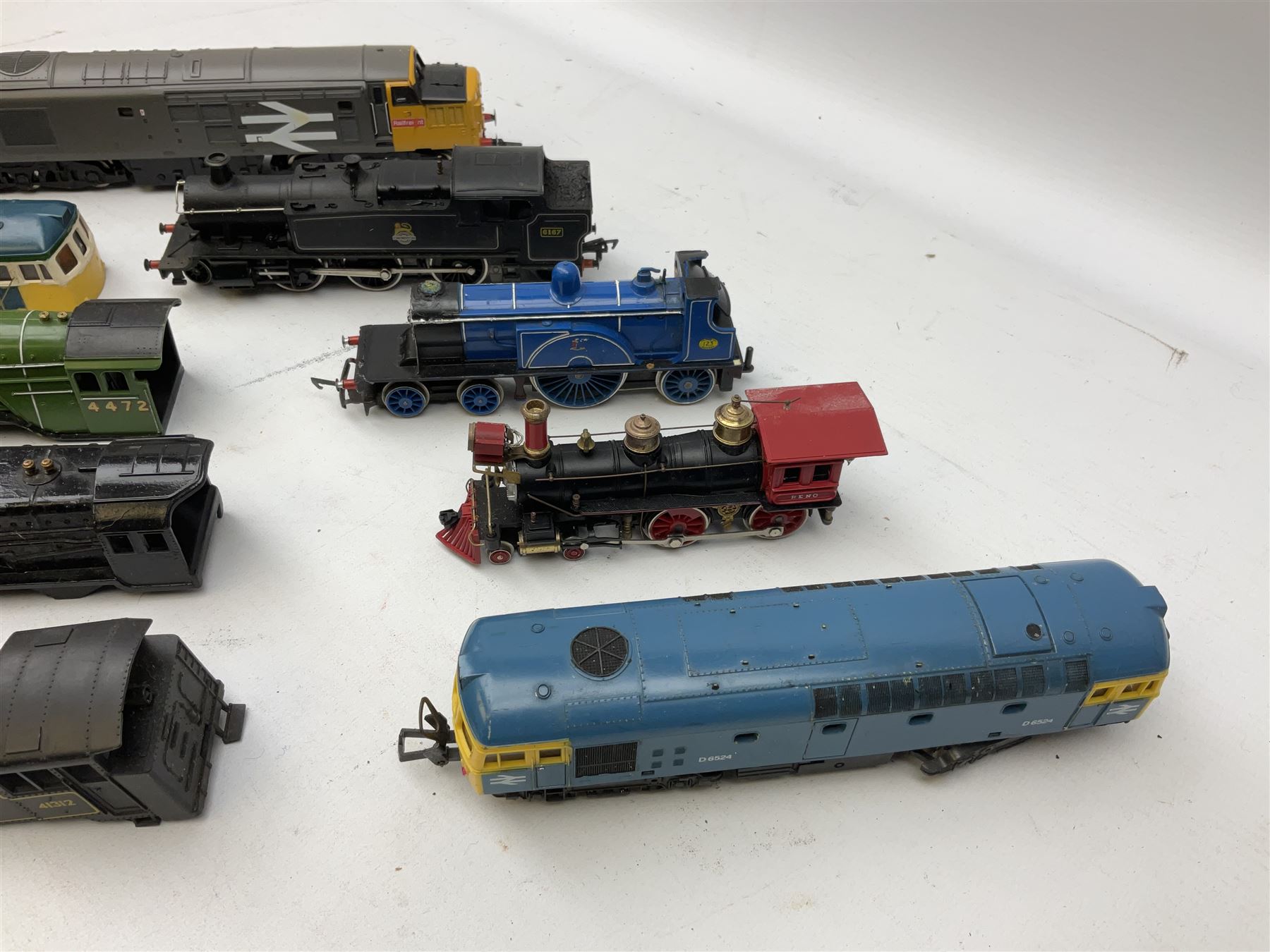 '00' gauge - Tri-ang 'Caledonian Single' Class 4-2-2 locomotive and tender; Hornby Class 37 Diesel (English Electric Type 3) locomotive No.37063; Airfix Class 61XX 2-6-2 Prairie tank locomotive No.6167; Pocher Italy American style 4-4-0 locomotive 'Reno'; and a quantity of part locomotives, spare parts etc; all unboxed