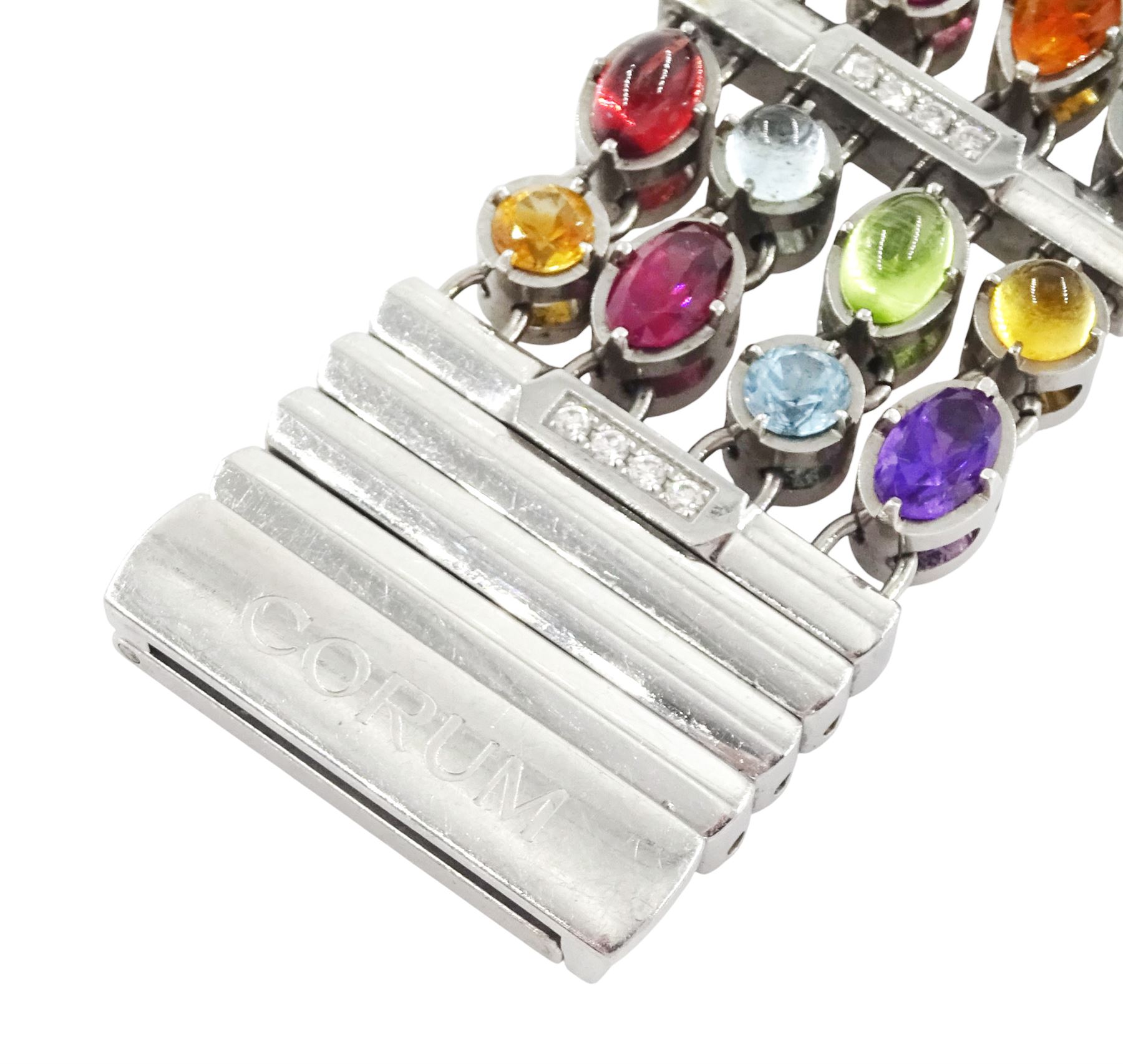 Corum Potpourri ladies stainless steel multi gemstone set quartz wristwatch, Ref. 137.520.47, serial No. 1710972, pink mother of pearl dial, diamond set bezel, on a multi gemstone set bracelet