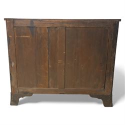 19th century mahogany bow fronted chest, the moulded top over four long cock-beaded drawers with brass swan neck handles and shield shaped bone escutcheons, flanked by reeded uprights, raised upon shaped bracket feet