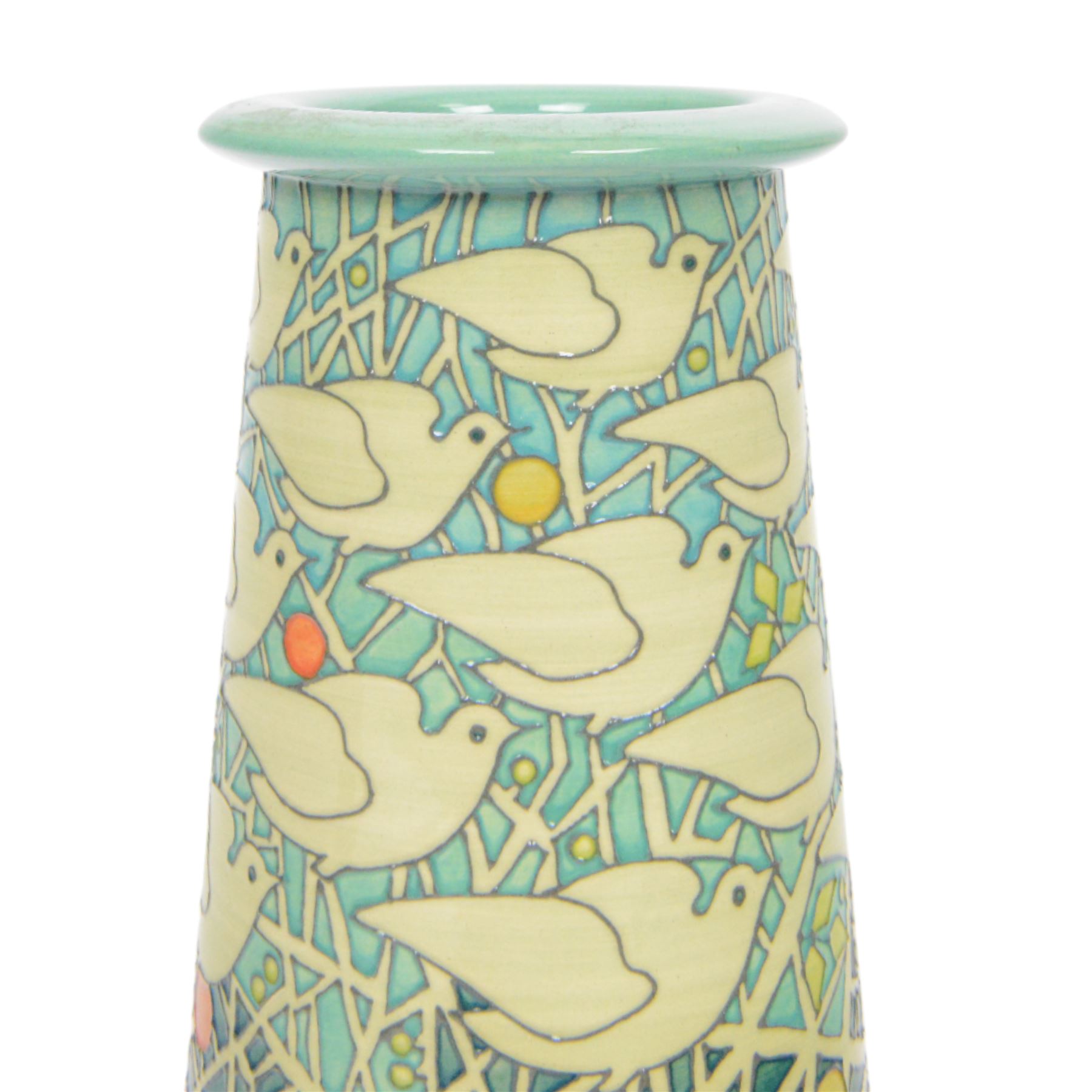 Dennis Chinaworks 'Time Flies' 20th Anniversary vase, designed by Sally Tuffin dated 2013 and numbered 8, of tapering cylindrical form with flared rim, decorated with doves upon a tube lined blue/green ground, with impressed and painted marks beneath, H24cm