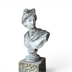 Roman Neoclassical style cast stone bust, weathered finish, raised on textured stone plinth of tapering form