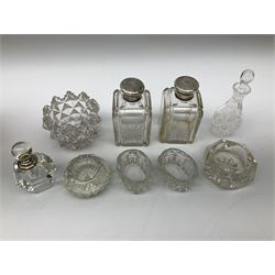 Pair of hobnail glass dressing table jars of cylindrical form with hallmarked silver screw thread domed lids (stamps worn & indistinct), another silver lidded example stamped Birmingham 1901, and a quantity of other scent bottles and glass to include bohemian example, green wrythen twist with flambé shape lid example, art glass example etc