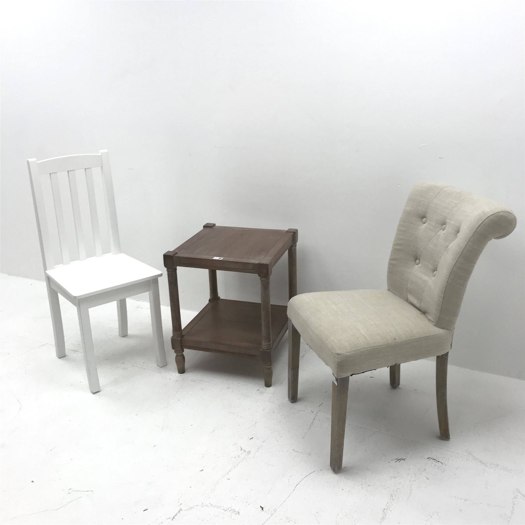 Limed oak occasional table, baluster supports joined by solid undertier (W45cm, H56cm, D45cm) a dining chair with scrolling cresting rail upholstered in buttoned fabric, square tapering supports (W48cm) and another chair (3)