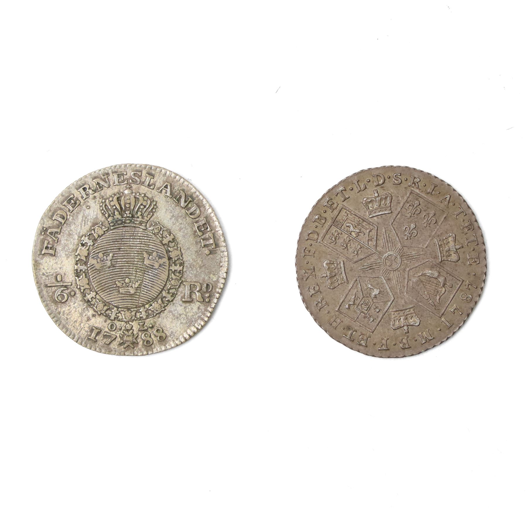 George III silver shilling 1787, Swedish Riksdaler 1/6, and other coins