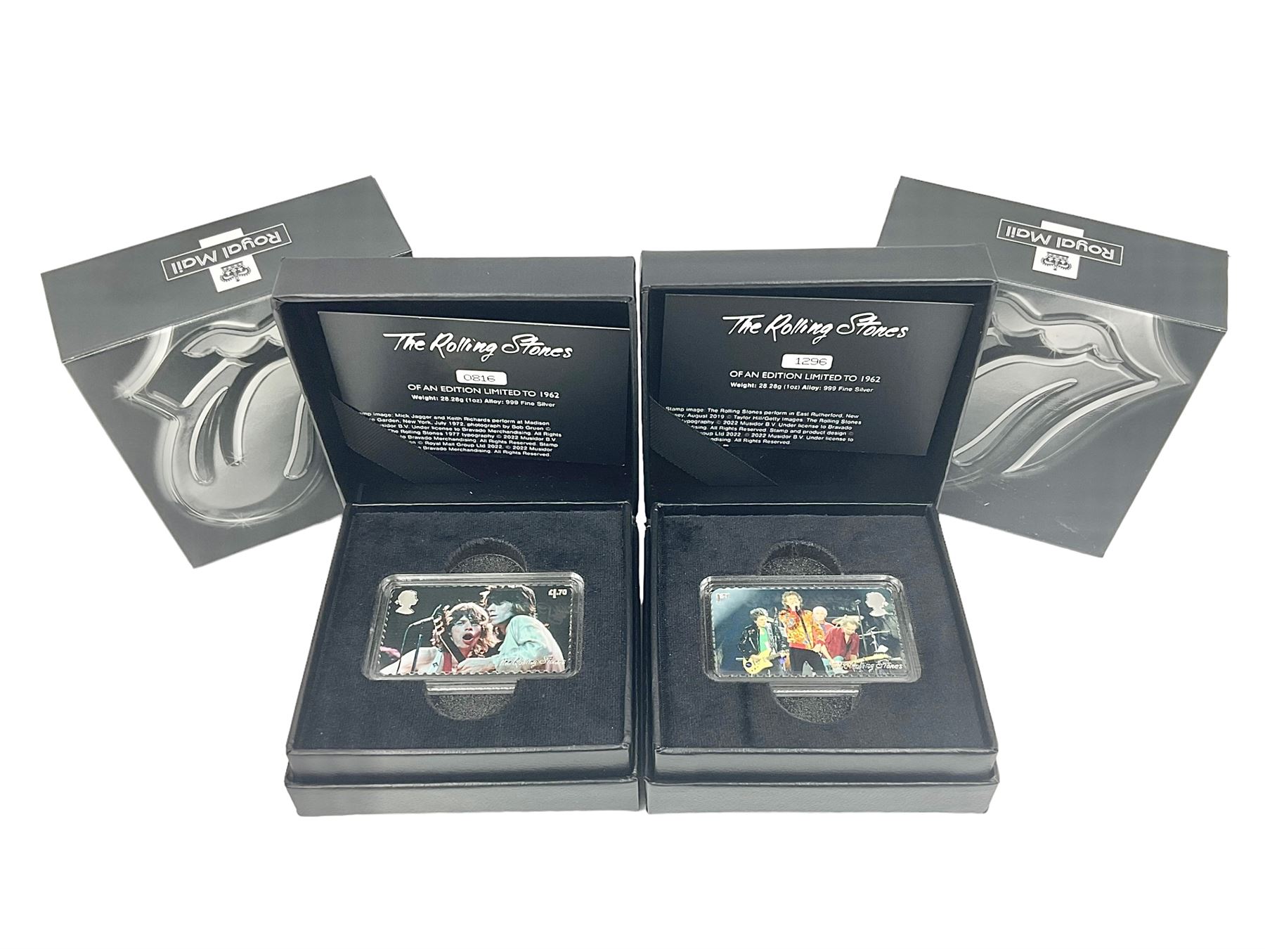 Two Royal Mail 'The Rolling Stones 60th Anniversary' fine silver stamp ingots, cased with certificates 